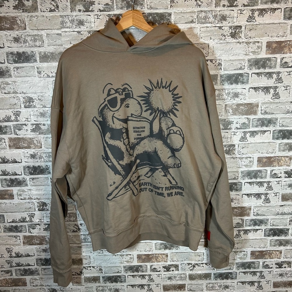 CHNGE Organic Cotton Extinction Rebellion Dinosaur Graphic Hoodie Taupe Medium‎